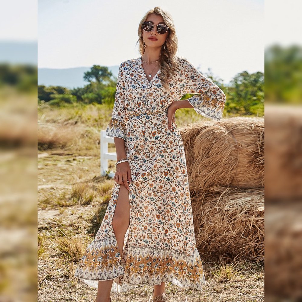 Boho Summer Floral V-neck High Waist Maxi Dress